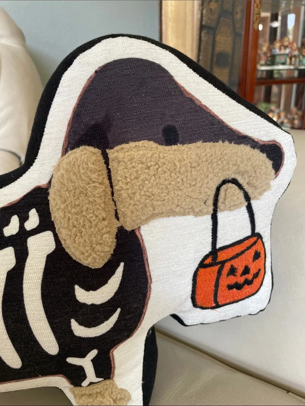 Halloween Dachshund Skeleton Decorative Pillow - Black, White & Orange